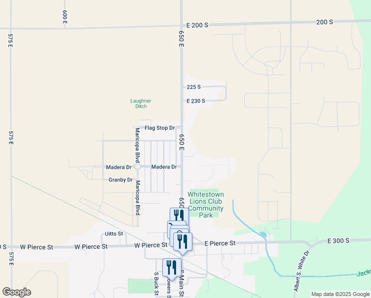map of restaurants, bars, coffee shops, grocery stores, and more near 2565 650 East in Whitestown