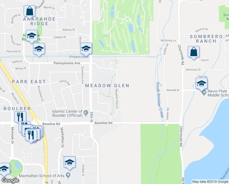 map of restaurants, bars, coffee shops, grocery stores, and more near 885 Meadow Glen Drive in Boulder