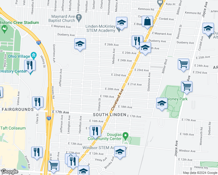 map of restaurants, bars, coffee shops, grocery stores, and more near 1208 East 20th Avenue in Columbus