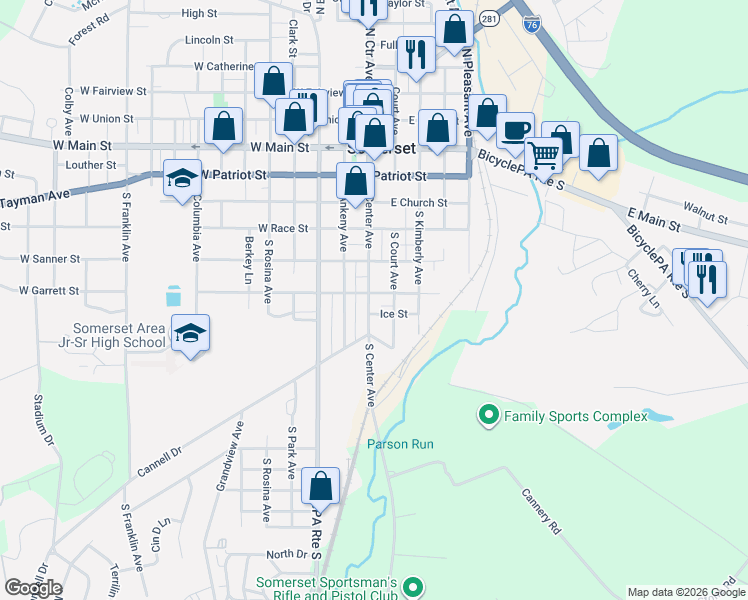 map of restaurants, bars, coffee shops, grocery stores, and more near 609 South Center Avenue in Somerset