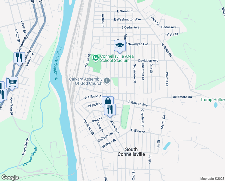 map of restaurants, bars, coffee shops, grocery stores, and more near 1325 South Pittsburgh Street in Connellsville