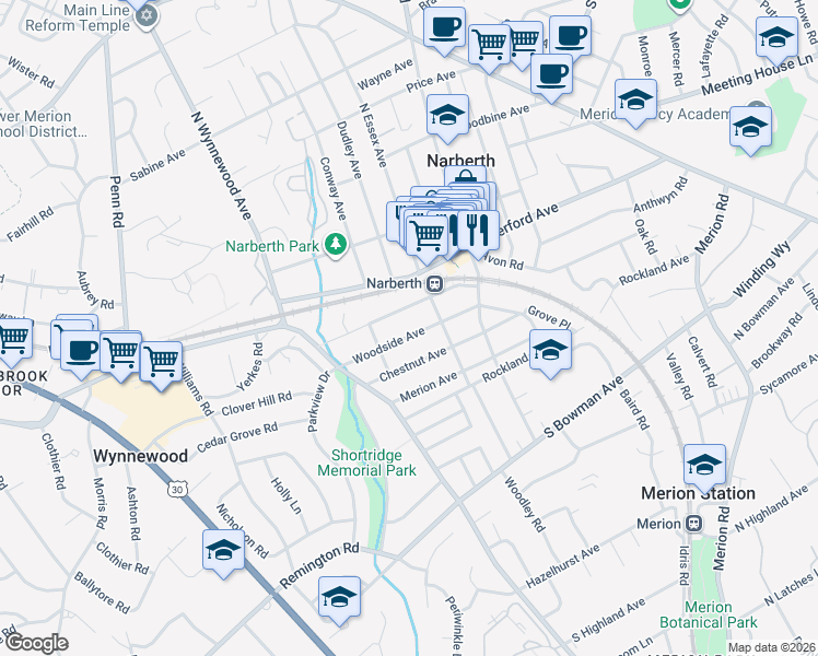 map of restaurants, bars, coffee shops, grocery stores, and more near 117 Woodside Avenue in Narberth