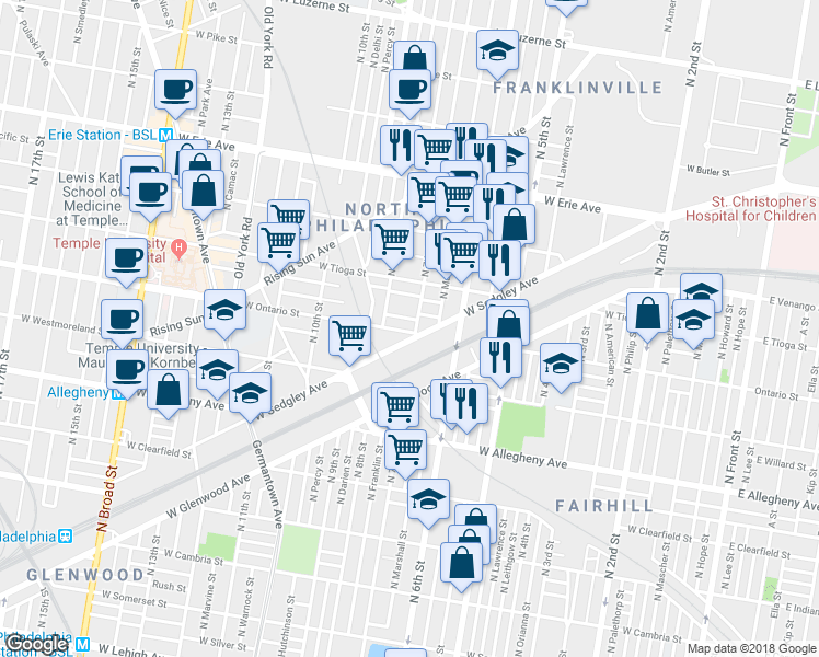 map of restaurants, bars, coffee shops, grocery stores, and more near 707 West Ontario Street in Philadelphia