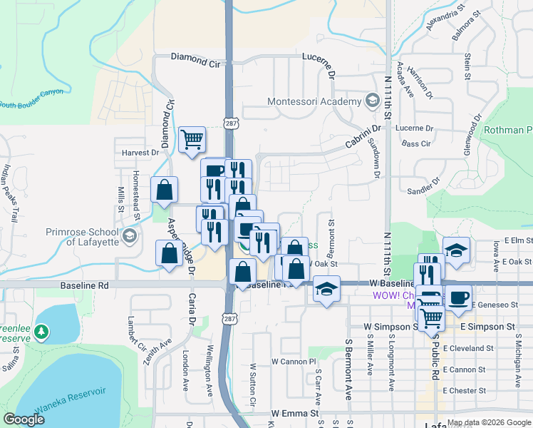 map of restaurants, bars, coffee shops, grocery stores, and more near 752 Gateway Circle in Lafayette