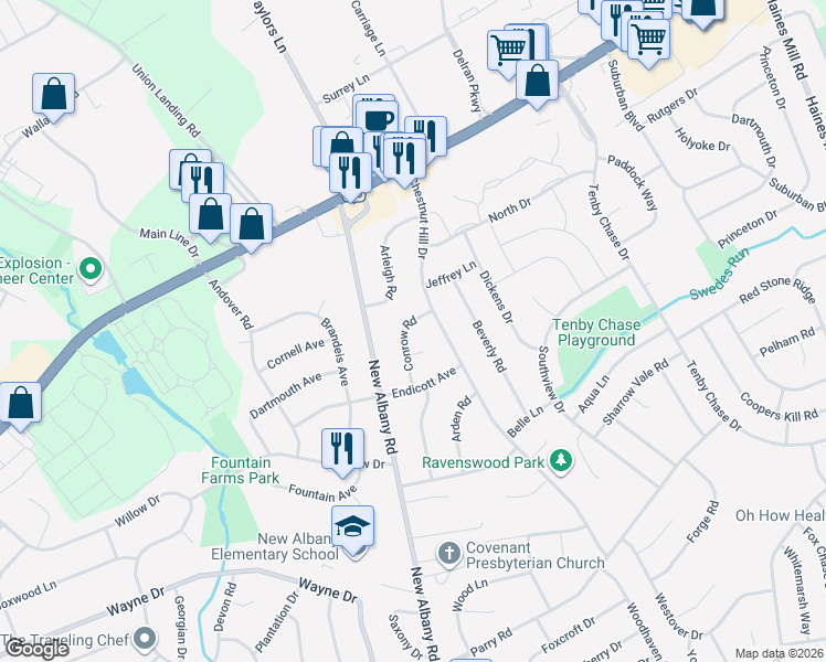map of restaurants, bars, coffee shops, grocery stores, and more near 2204 Conrow Road in Cinnaminson