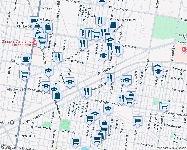 map of restaurants, bars, coffee shops, grocery stores, and more near 3405 North 7th Street in Philadelphia