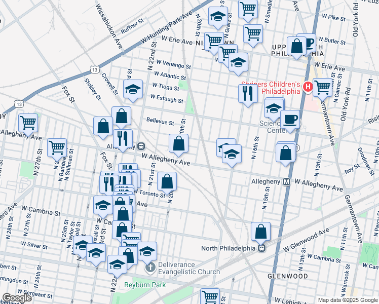 map of restaurants, bars, coffee shops, grocery stores, and more near 1919 West Hilton Street in Philadelphia