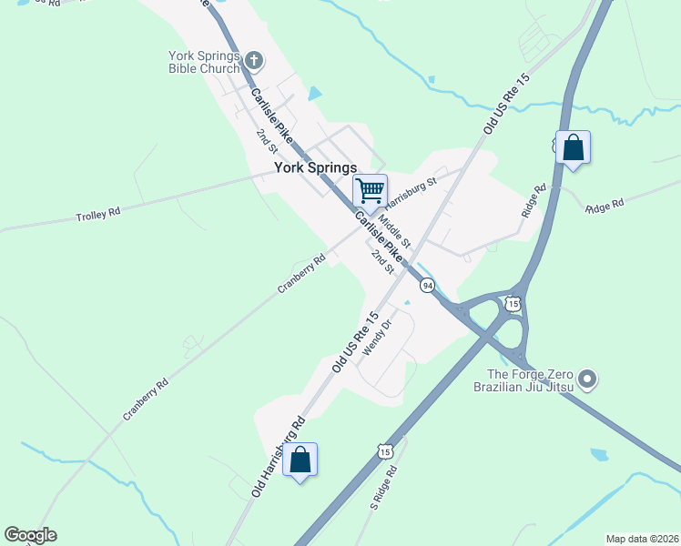 map of restaurants, bars, coffee shops, grocery stores, and more near 2651 Cranberry Road in York Springs