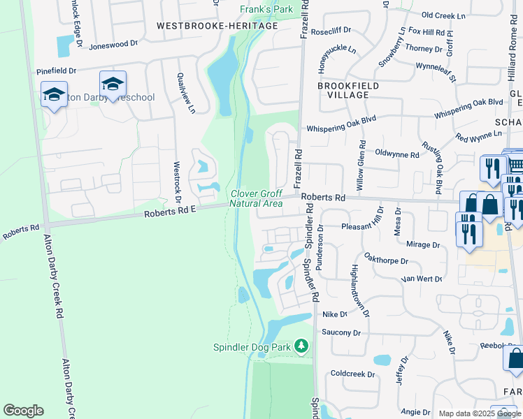 map of restaurants, bars, coffee shops, grocery stores, and more near 2972 Brookford Drive in Hilliard