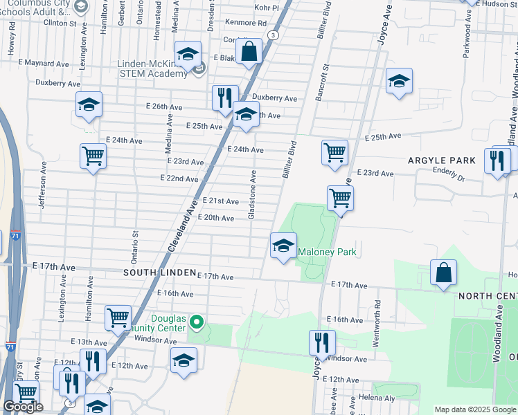 map of restaurants, bars, coffee shops, grocery stores, and more near 1439 E 21st Ave in Columbus
