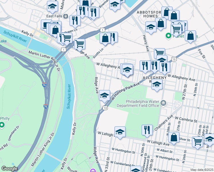 map of restaurants, bars, coffee shops, grocery stores, and more near 3000 North 34th Street in Philadelphia