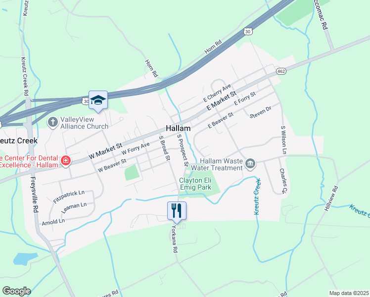 map of restaurants, bars, coffee shops, grocery stores, and more near 123 South Prospect Street in Hallam