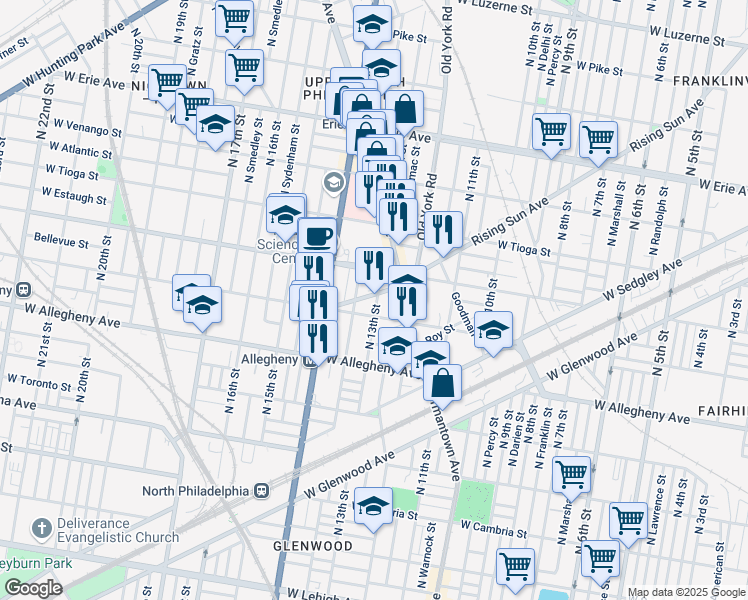 map of restaurants, bars, coffee shops, grocery stores, and more near 3320 North 13th Street in Philadelphia