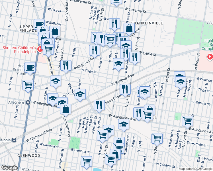 map of restaurants, bars, coffee shops, grocery stores, and more near 3405 North 7th Street in Philadelphia