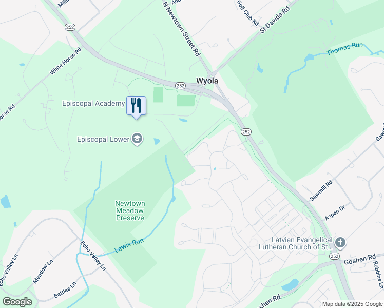 map of restaurants, bars, coffee shops, grocery stores, and more near 3851 Meadow View Farm Road in Newtown Square