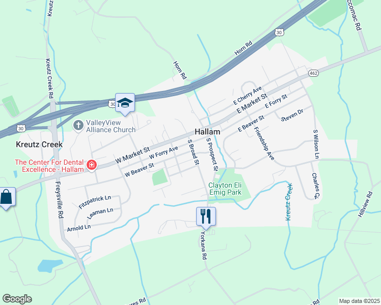 map of restaurants, bars, coffee shops, grocery stores, and more near 100 South Broad Street in Hallam