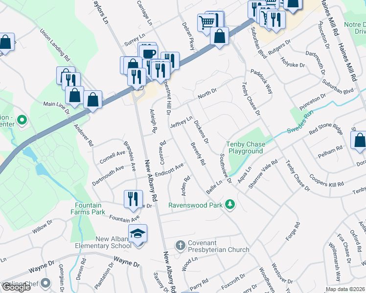 map of restaurants, bars, coffee shops, grocery stores, and more near 2212 Chestnut Hill Drive in Cinnaminson