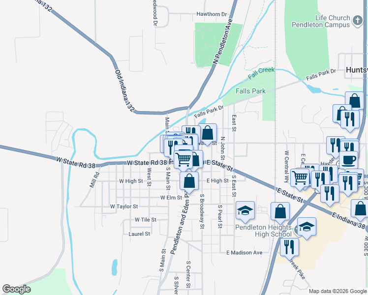 map of restaurants, bars, coffee shops, grocery stores, and more near 125 North Pendleton Avenue in Pendleton