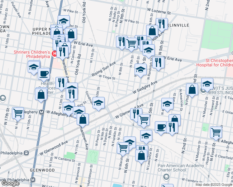 map of restaurants, bars, coffee shops, grocery stores, and more near North 8th Street in Philadelphia