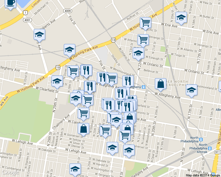 map of restaurants, bars, coffee shops, grocery stores, and more near 2408 West Allegheny Avenue in Philadelphia