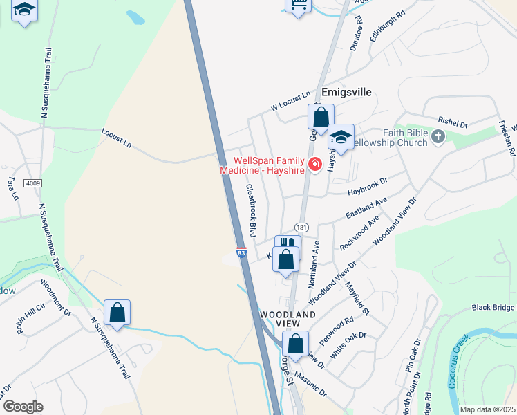 map of restaurants, bars, coffee shops, grocery stores, and more near 2675 Meadowbrook Boulevard in York