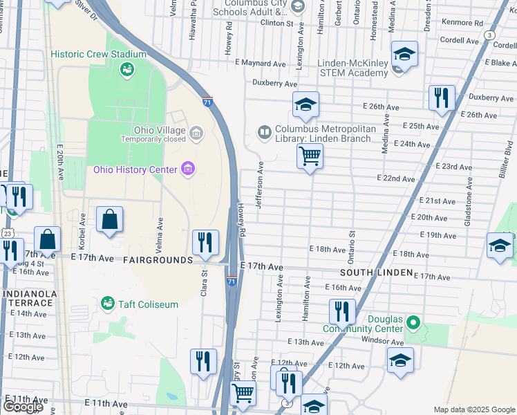 map of restaurants, bars, coffee shops, grocery stores, and more near 1990 Jefferson Avenue in Columbus