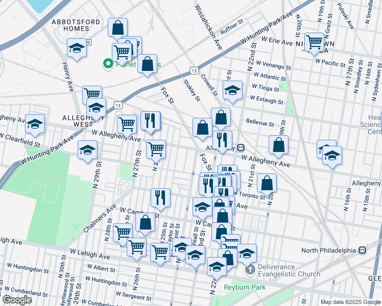 map of restaurants, bars, coffee shops, grocery stores, and more near 2408 West Allegheny Avenue in Philadelphia