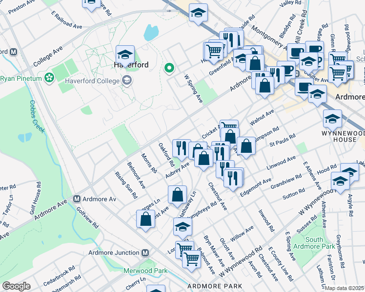 map of restaurants, bars, coffee shops, grocery stores, and more near 806 Cricket Avenue in Ardmore