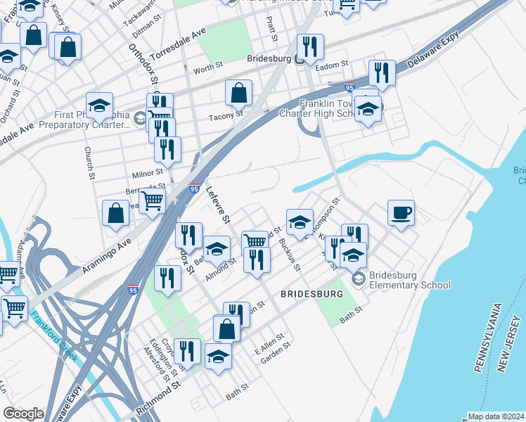 map of restaurants, bars, coffee shops, grocery stores, and more near 4547 Miller Street in Philadelphia