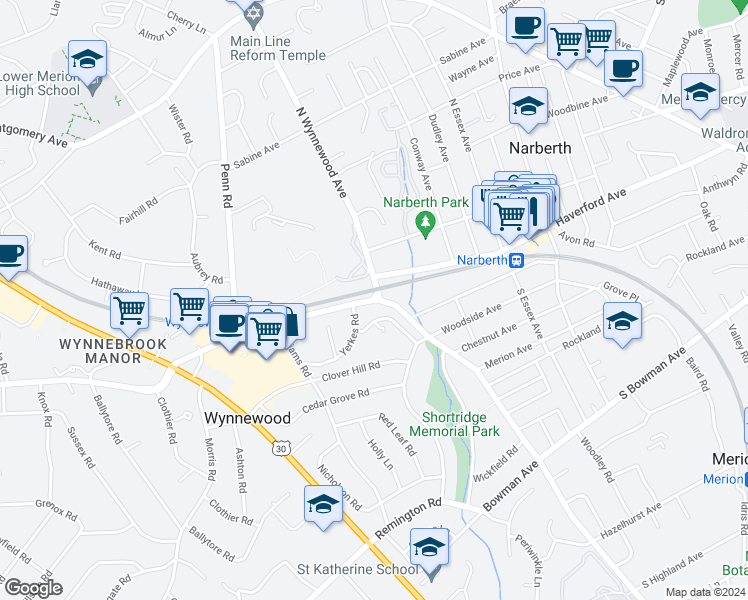 map of restaurants, bars, coffee shops, grocery stores, and more near 287 East Wynnewood Road in Wynnewood