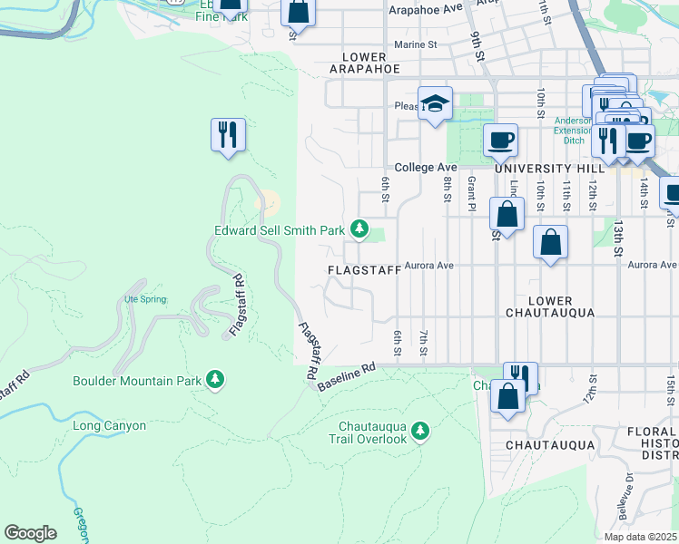map of restaurants, bars, coffee shops, grocery stores, and more near 875 Circle Drive in Boulder