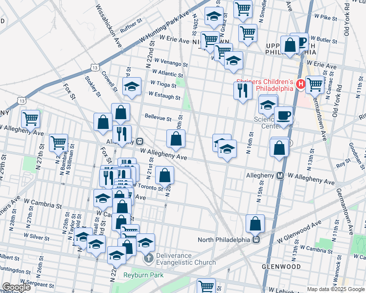 map of restaurants, bars, coffee shops, grocery stores, and more near 1931 West Hilton Street in Philadelphia