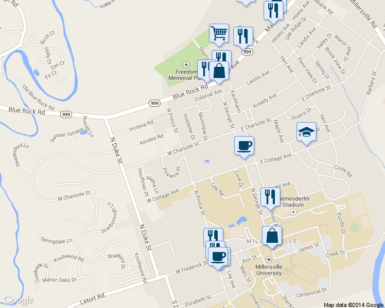 map of restaurants, bars, coffee shops, grocery stores, and more near 68 West Charlotte Street in Millersville