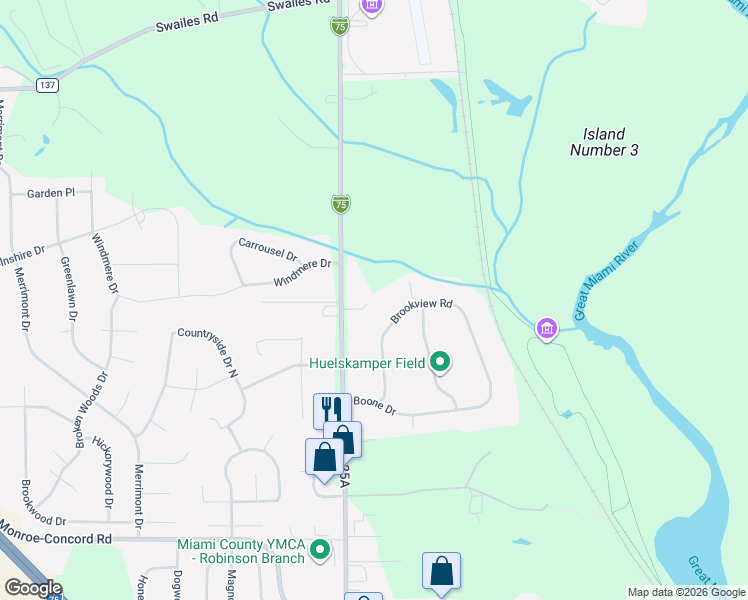 map of restaurants, bars, coffee shops, grocery stores, and more near 2485 South Co Road 25A in Troy