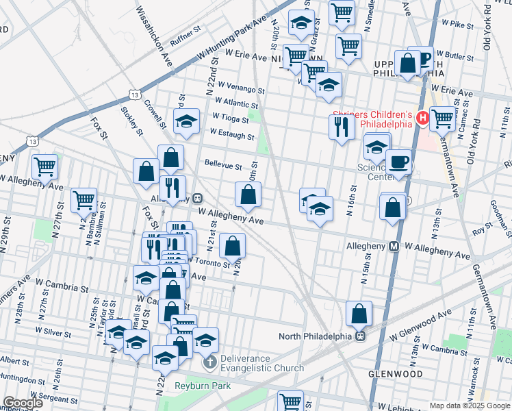 map of restaurants, bars, coffee shops, grocery stores, and more near 1935 West Hilton Street in Philadelphia