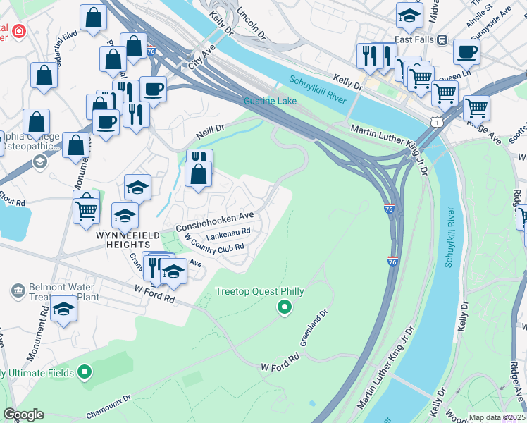 map of restaurants, bars, coffee shops, grocery stores, and more near 2765 East Country Club Road in Philadelphia