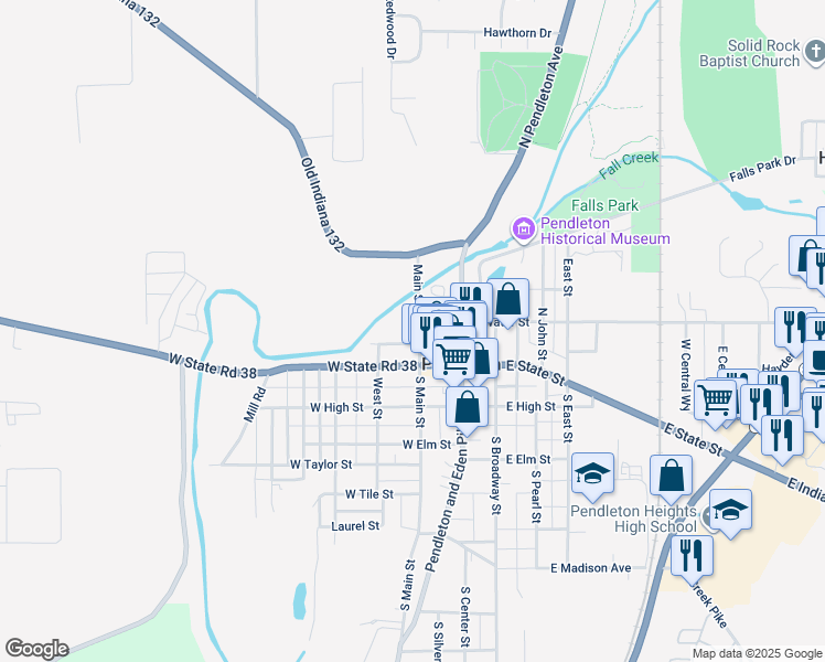 map of restaurants, bars, coffee shops, grocery stores, and more near 125 Main Street in Pendleton