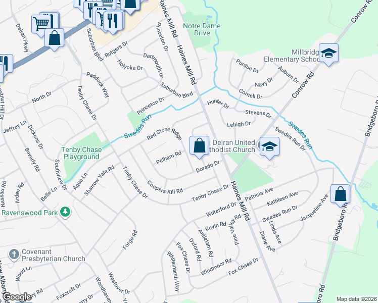 map of restaurants, bars, coffee shops, grocery stores, and more near 104 Red Stone Ridge in Delran