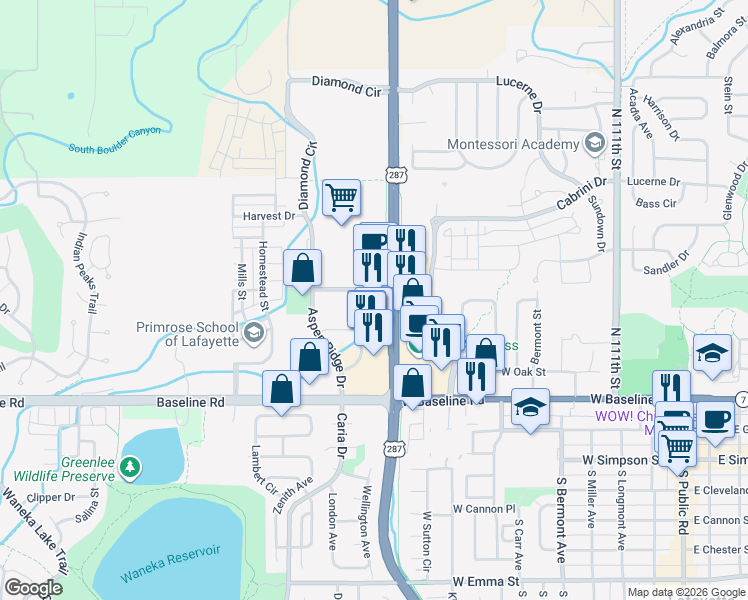 map of restaurants, bars, coffee shops, grocery stores, and more near 579 Diamond Circle in Lafayette