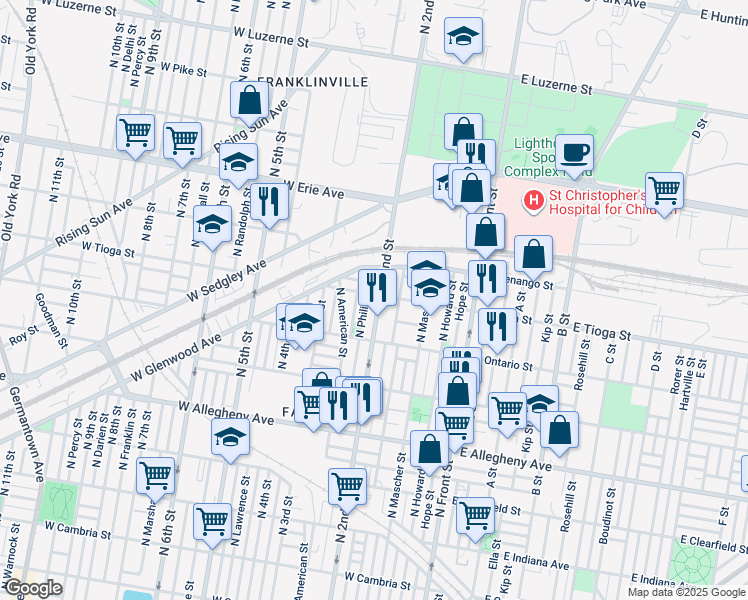 map of restaurants, bars, coffee shops, grocery stores, and more near 3456 North 2nd Street in Philadelphia