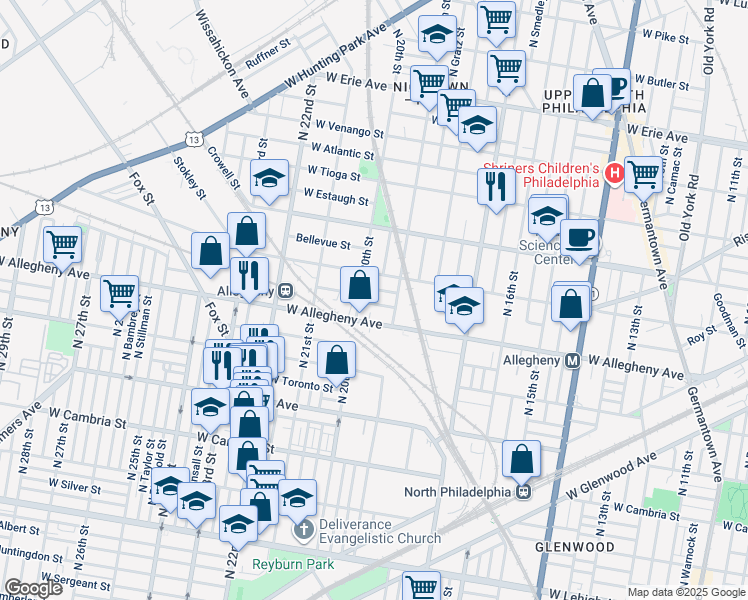 map of restaurants, bars, coffee shops, grocery stores, and more near 1931 West Hilton Street in Philadelphia