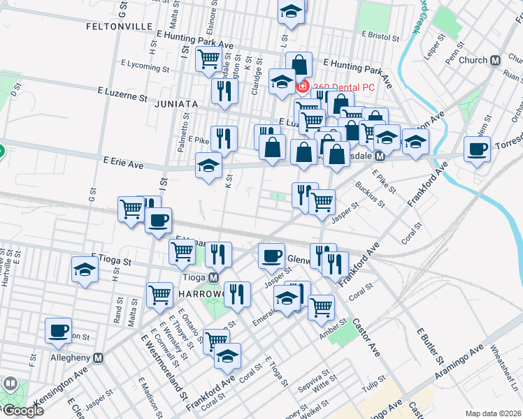 map of restaurants, bars, coffee shops, grocery stores, and more near 3715 L Street in Philadelphia
