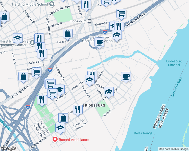 map of restaurants, bars, coffee shops, grocery stores, and more near 4725 Almond Street in Philadelphia
