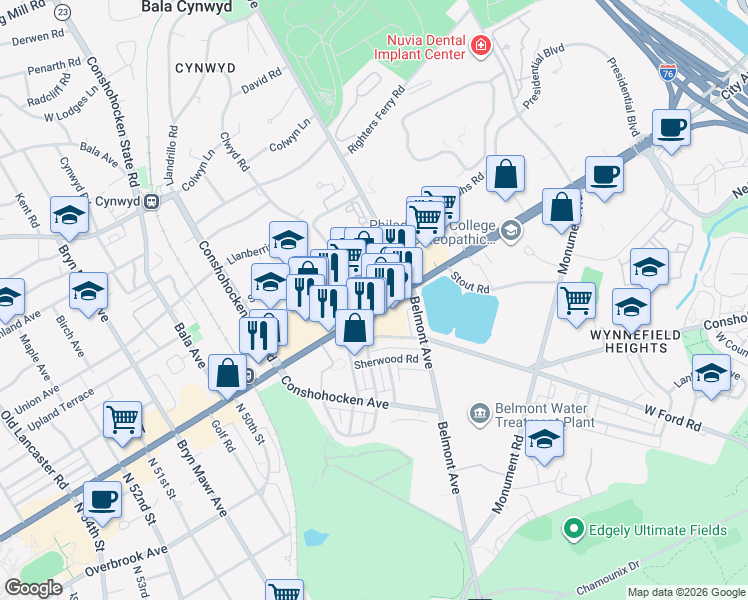 map of restaurants, bars, coffee shops, grocery stores, and more near 145 East City Avenue in Bala Cynwyd