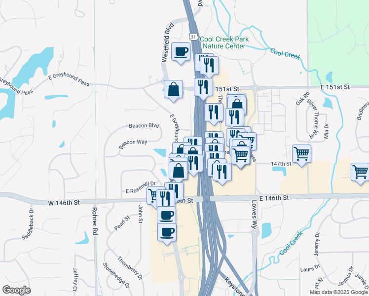 map of restaurants, bars, coffee shops, grocery stores, and more near 14828 East Greyhound Pass in Carmel