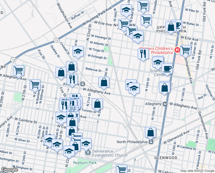map of restaurants, bars, coffee shops, grocery stores, and more near 1933 West Hilton Street in Philadelphia