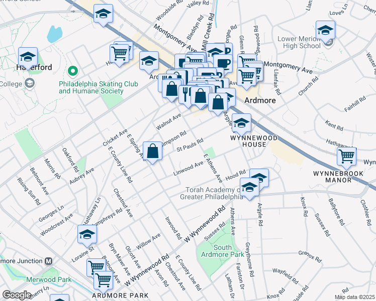 map of restaurants, bars, coffee shops, grocery stores, and more near 124 East Athens Avenue in Ardmore