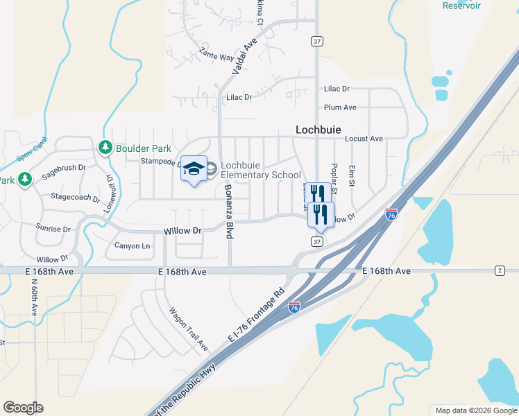 map of restaurants, bars, coffee shops, grocery stores, and more near 103 Wenatchee Street in Lochbuie