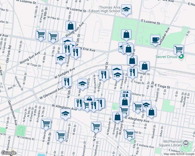 map of restaurants, bars, coffee shops, grocery stores, and more near 3458 Dillman Street in Philadelphia