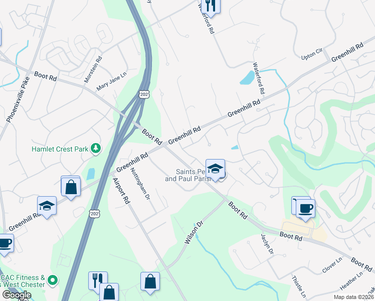 map of restaurants, bars, coffee shops, grocery stores, and more near 1643 Yardley Drive in West Chester